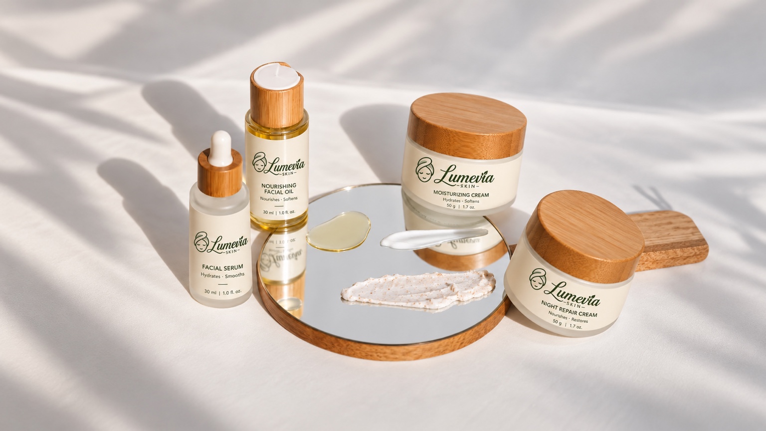 Colección de productos Lumevia Skin sobre una bandeja