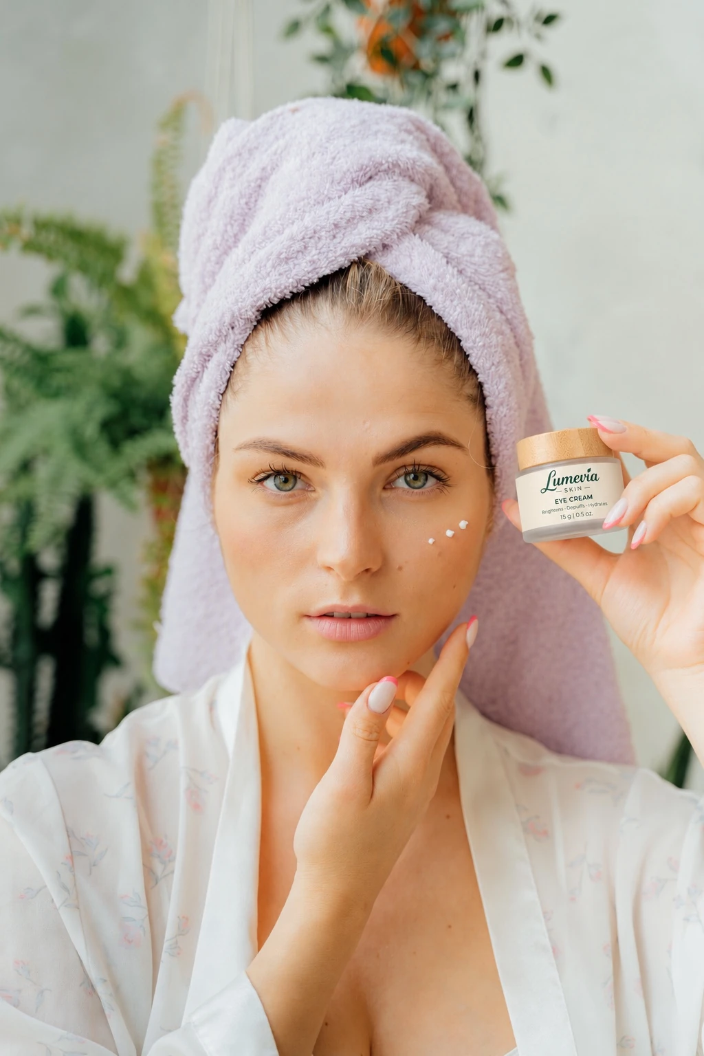 Modelo sostiene Lumevia Eye Cream mientras aplica el producto en su rostro